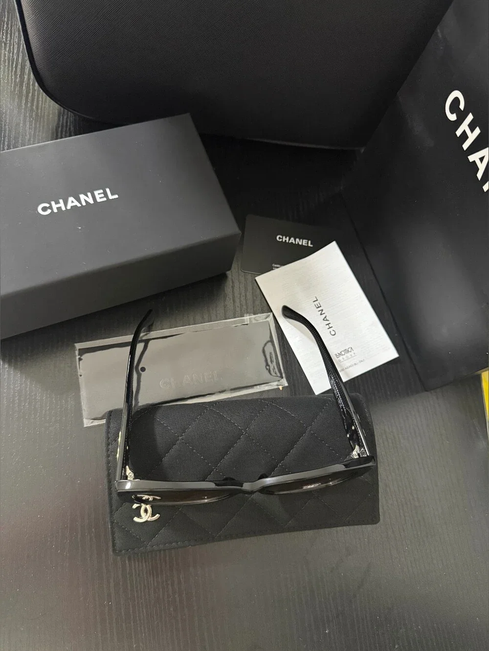 CHANEL Black Frame Sunglasses with Brown Gradient Lenses
